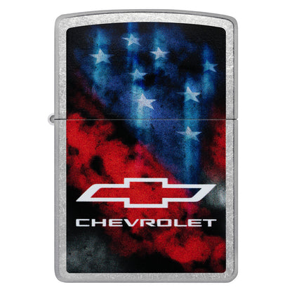Front view of Zippo Chevrolet® Flag Design Street Chrome Windproof Lighter.