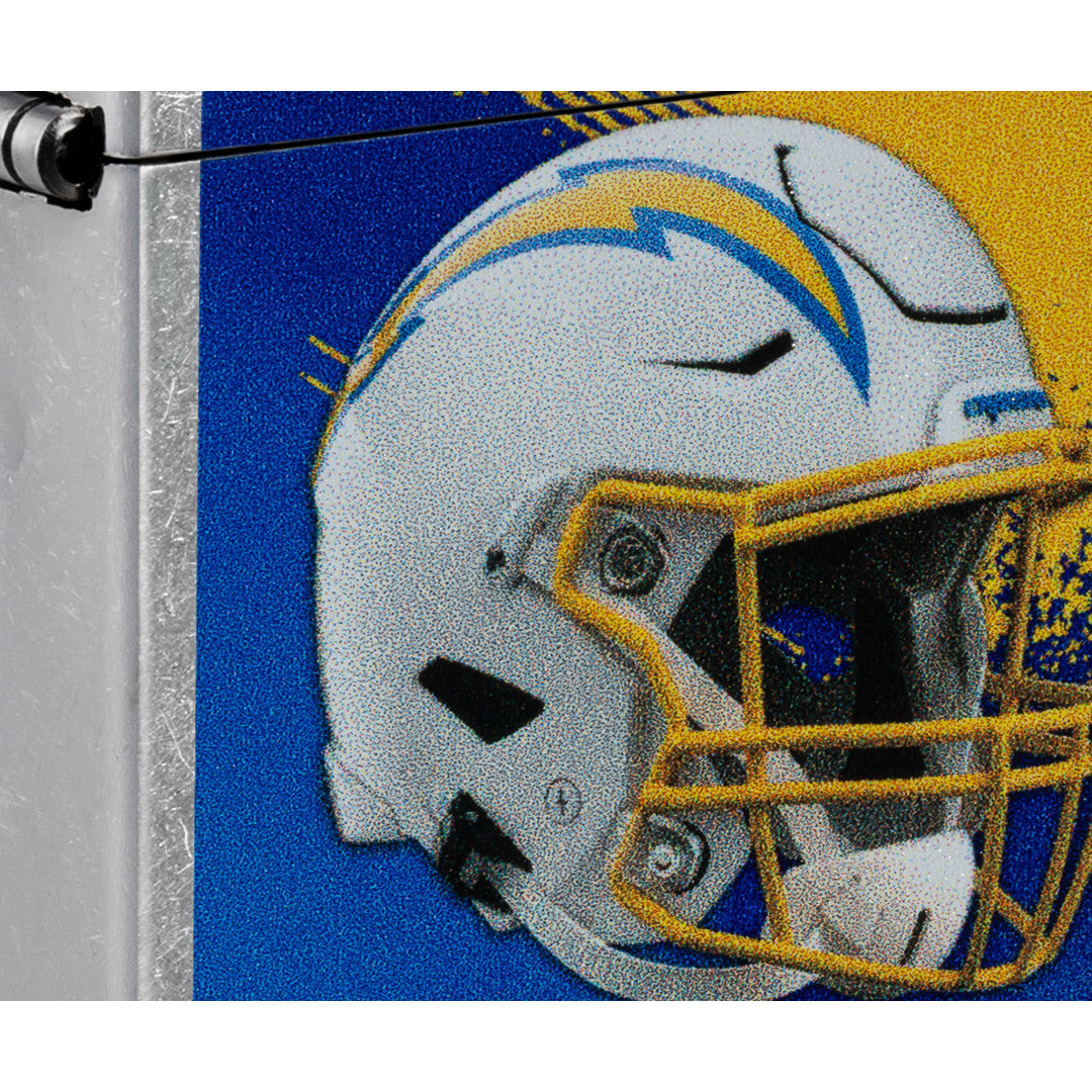 Front view of Zippo NFL Los Angeles Chargers Helmet Design Street Chrome Windproof Lighter close up to show the detail of the lighter.