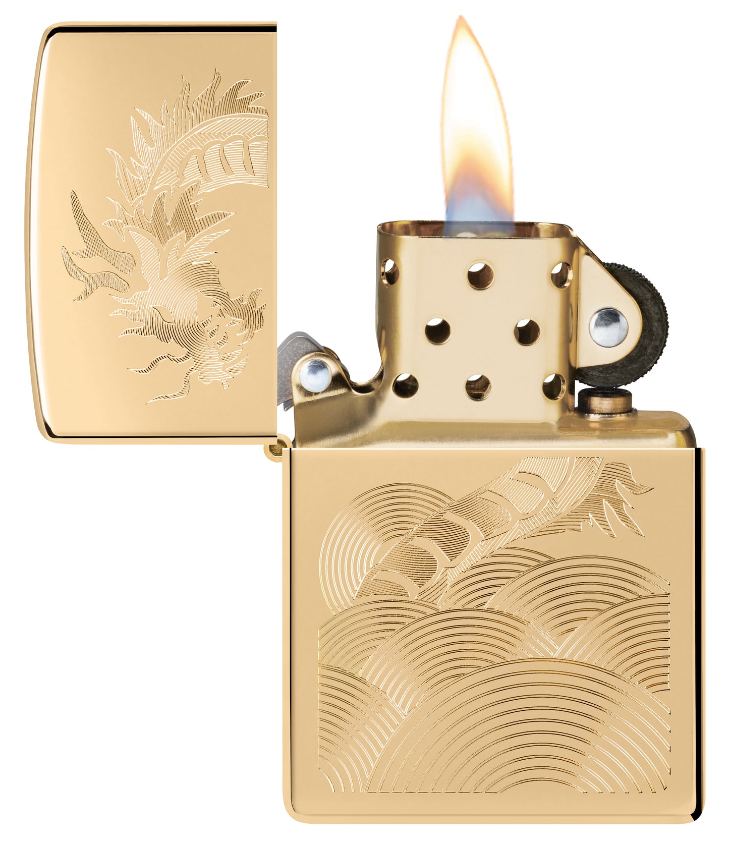 Zippo Golden Dragon Design High Polish Brass Windproof Lighter with its lid open and lit.