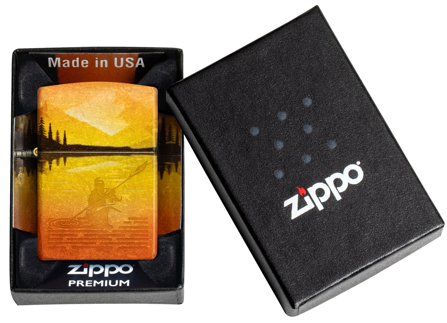 Zippo Fishing Fusion Design 540 Tumbled Brass Windproof Lighter in its packaging.