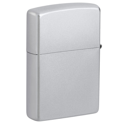 Back view of Zippo Pinup Tattoo Design Satin Chrome Windproof Lighter standing at a 3/4 angle.
