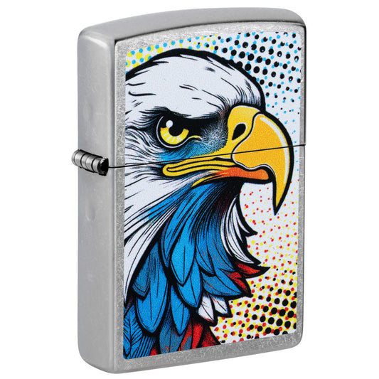 Front shot of Zippo Pop Art Eagle Design Street Chrome Windproof Lighter standing at a 3/4 angle.