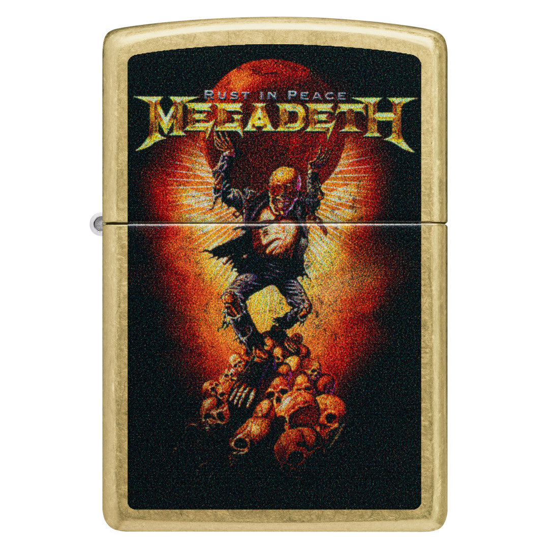 Front view of Zippo Megadeth Rust In Peace Design Street Brass Windproof Lighter.