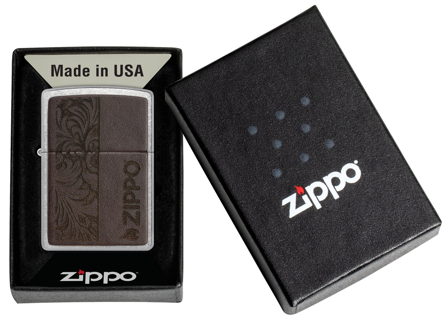 Zippo Brown Leather Emblem - Zippo Design Street Chrome Windproof Lighter in its packaging.
