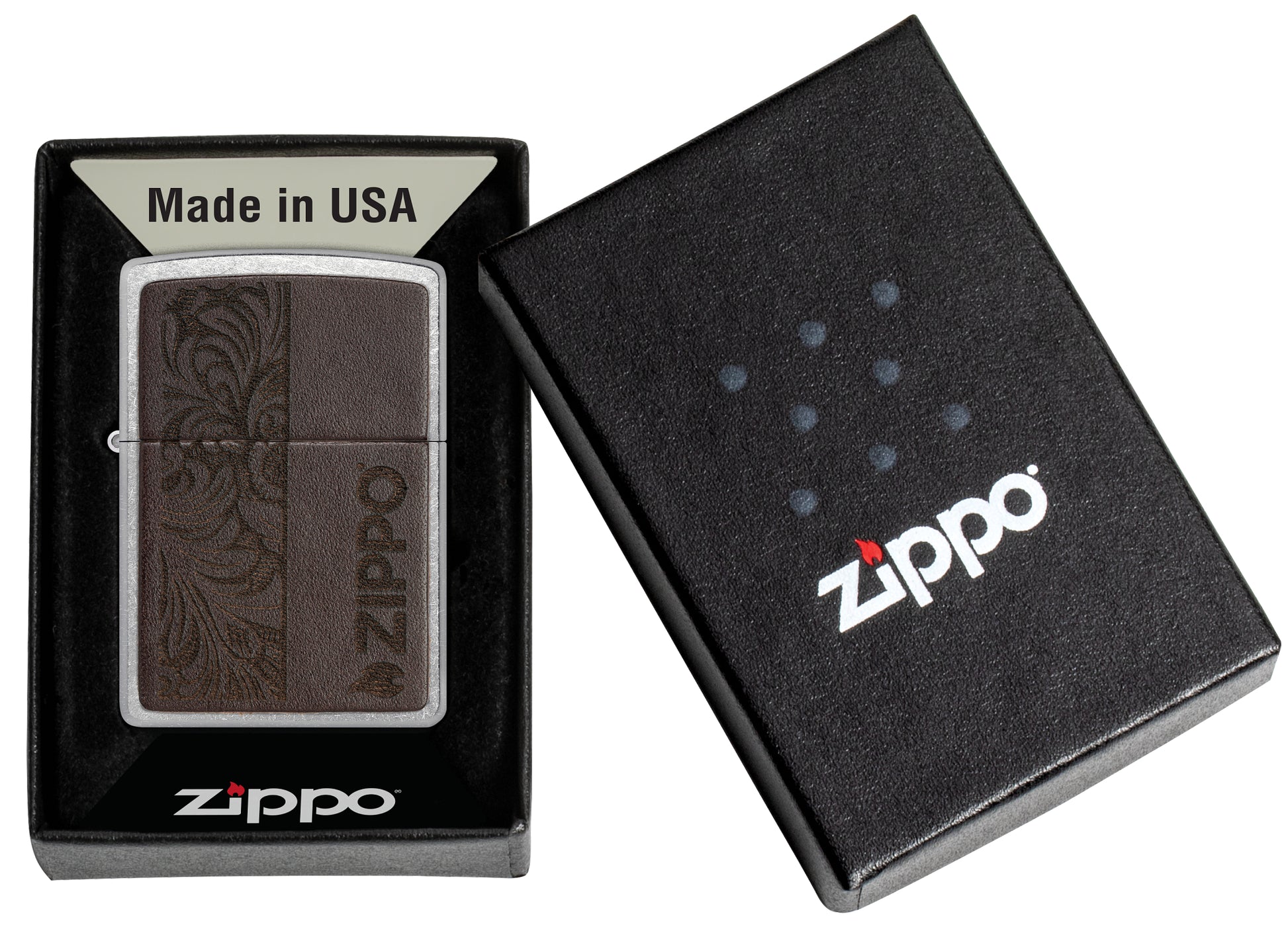 Zippo Brown Leather Emblem - Zippo Design Street Chrome Windproof Lighter in its packaging.