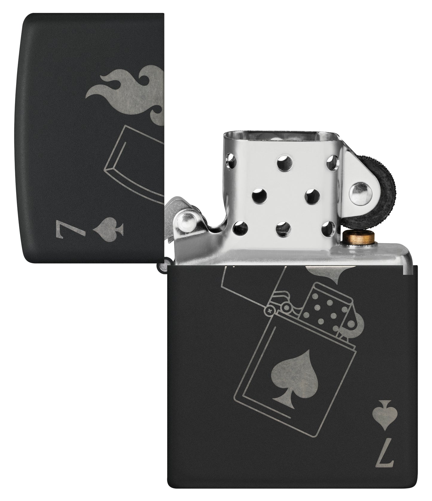 Zippo Lucky 7 Design Black Matte With Chrome Windproof Lighter with its lid open and unlit.