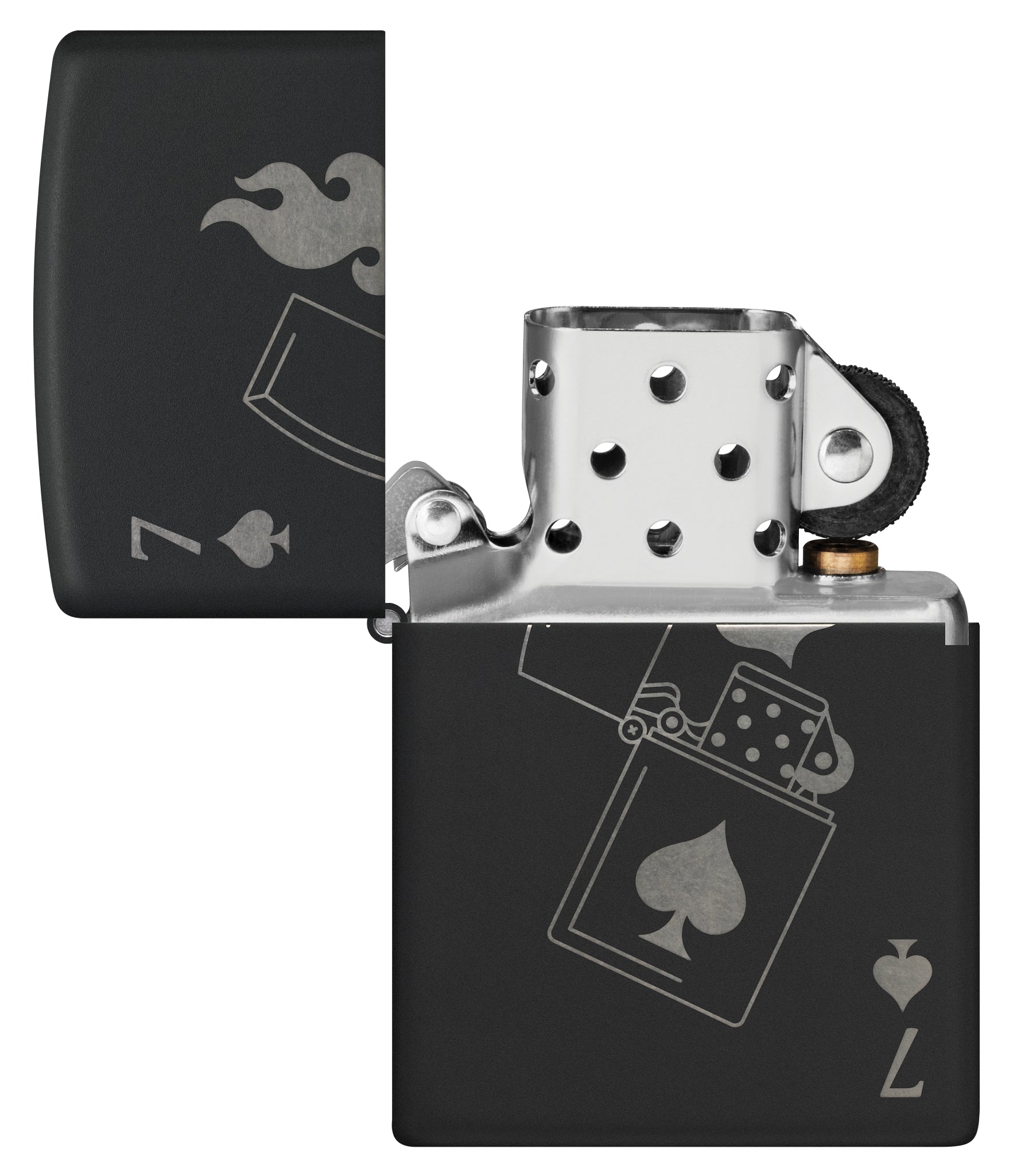 Zippo Lucky 7 Design Black Matte With Chrome Windproof Lighter with its lid open and unlit.