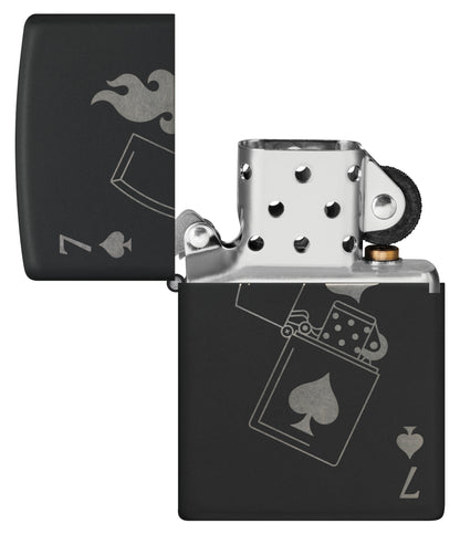 Zippo Lucky 7 Design Black Matte With Chrome Windproof Lighter with its lid open and unlit.