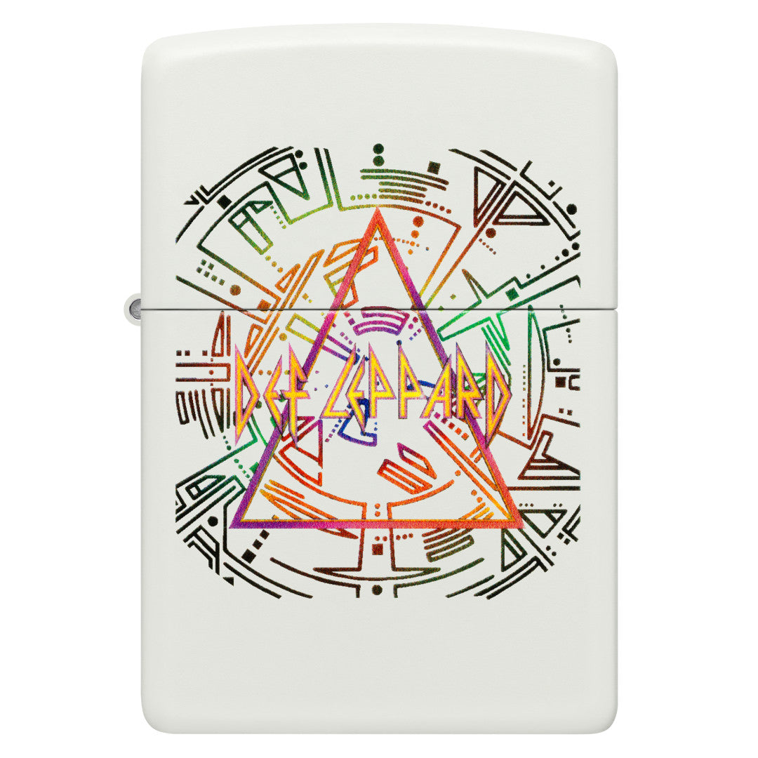 Front view of Zippo Def Leppard Glowing Hysteria Design Glow in the Dark Green Windproof Lighter.
