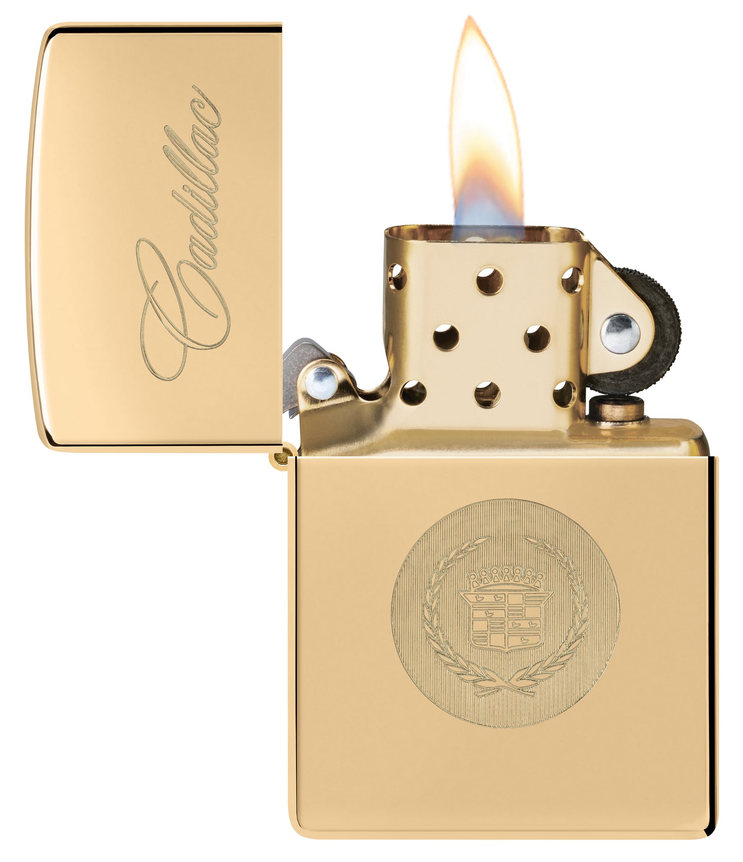 Zippo Cadillac® Crest  High Polish Brass Windproof Lighter with its lid open and lit.