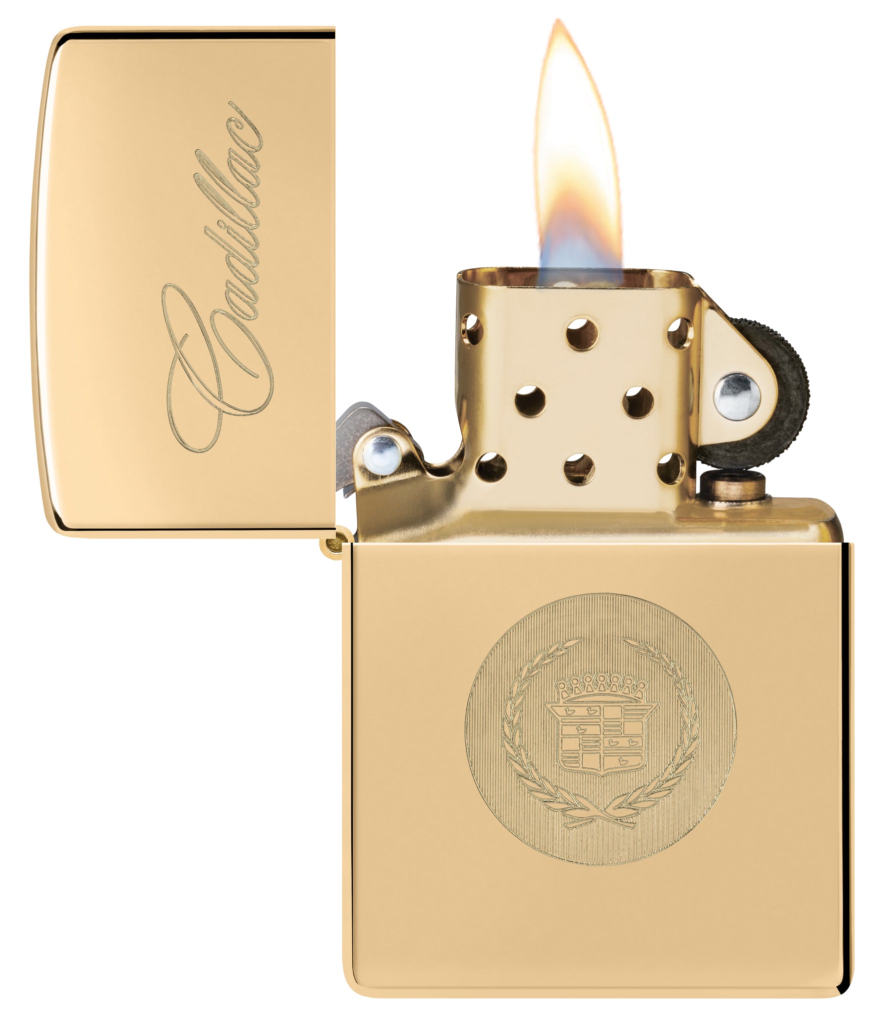 Zippo Cadillac® Crest  High Polish Brass Windproof Lighter with its lid open and lit.