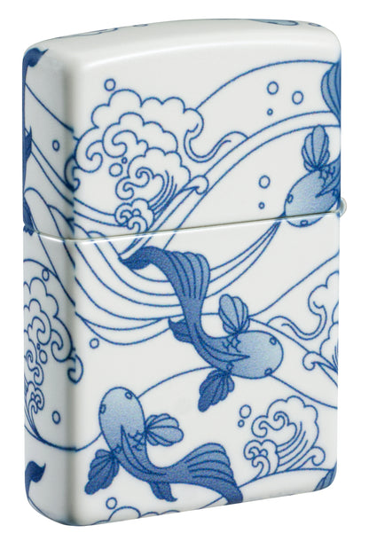 Back view of Zippo Porcelain Koi Design 540 Matte Windproof Lighter standing at a 3/4 angle.