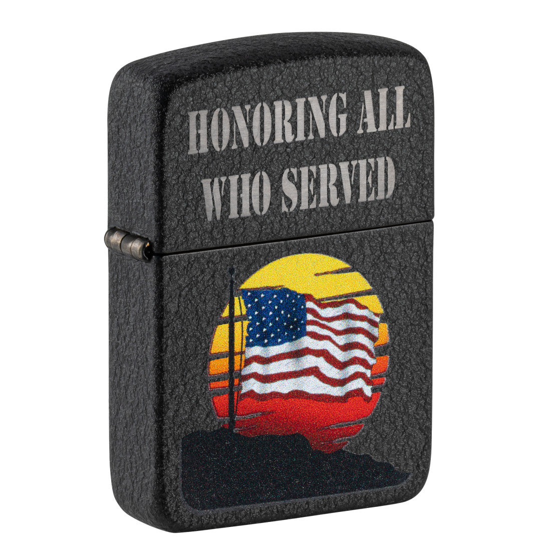 Front shot of Zippo Honor Flag Design Black Crackle®  Windproof Lighter standing at a 3/4 angle.