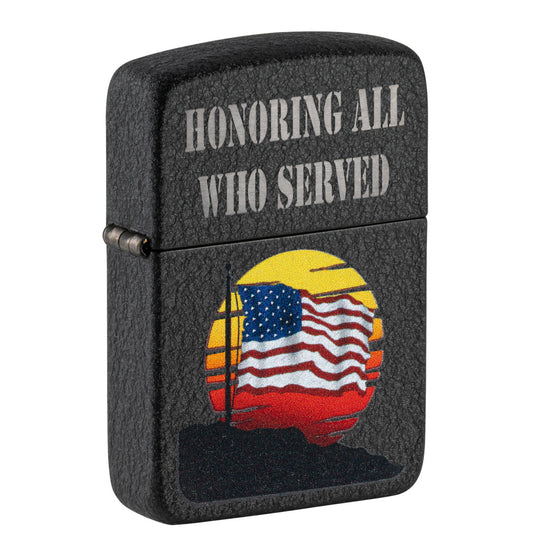 Front shot of Zippo Honor Flag Design Black Crackle®  Windproof Lighter standing at a 3/4 angle.