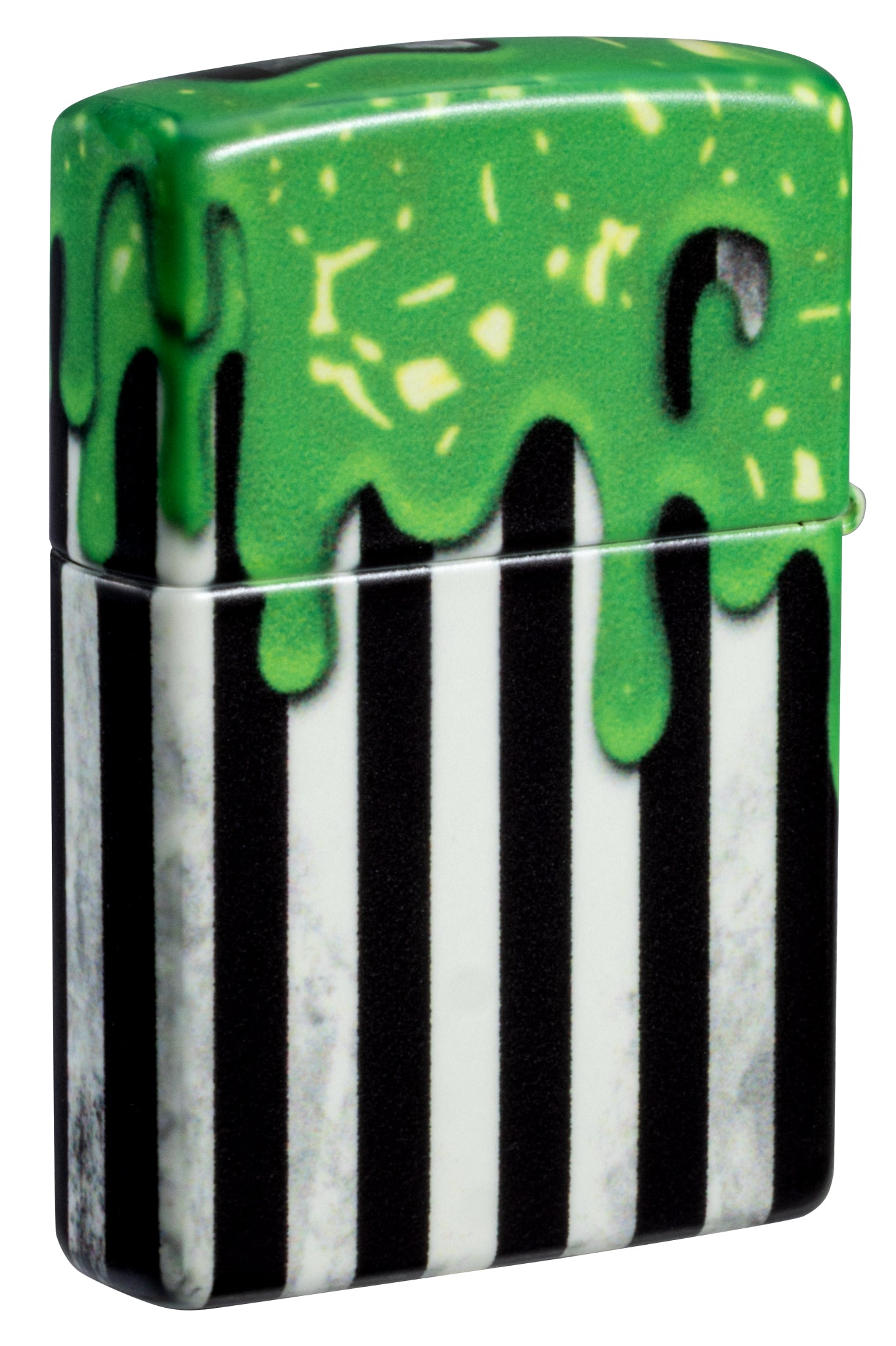 Back view of Zippo Glowing Goo Design Glow-in-the-Dark Green Windproof Lighter standing at a 3/4 angle.