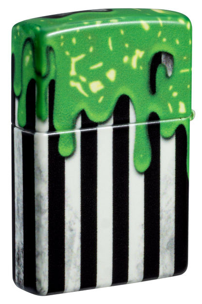 Back view of Zippo Glowing Goo Design Glow-in-the-Dark Green Windproof Lighter standing at a 3/4 angle.