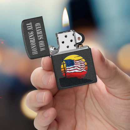 Zippo Honor Flag Design Black Crackle®  Windproof Lighter lit in hand.