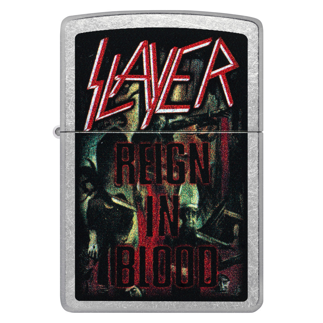 Front view of Zippo Slayer Reign in Blood Design Street Chrome Windproof Lighter.