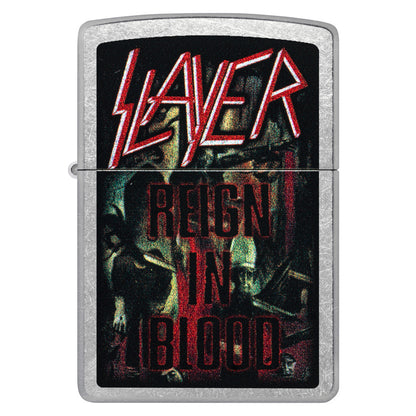 Front view of Zippo Slayer Reign in Blood Design Street Chrome Windproof Lighter.