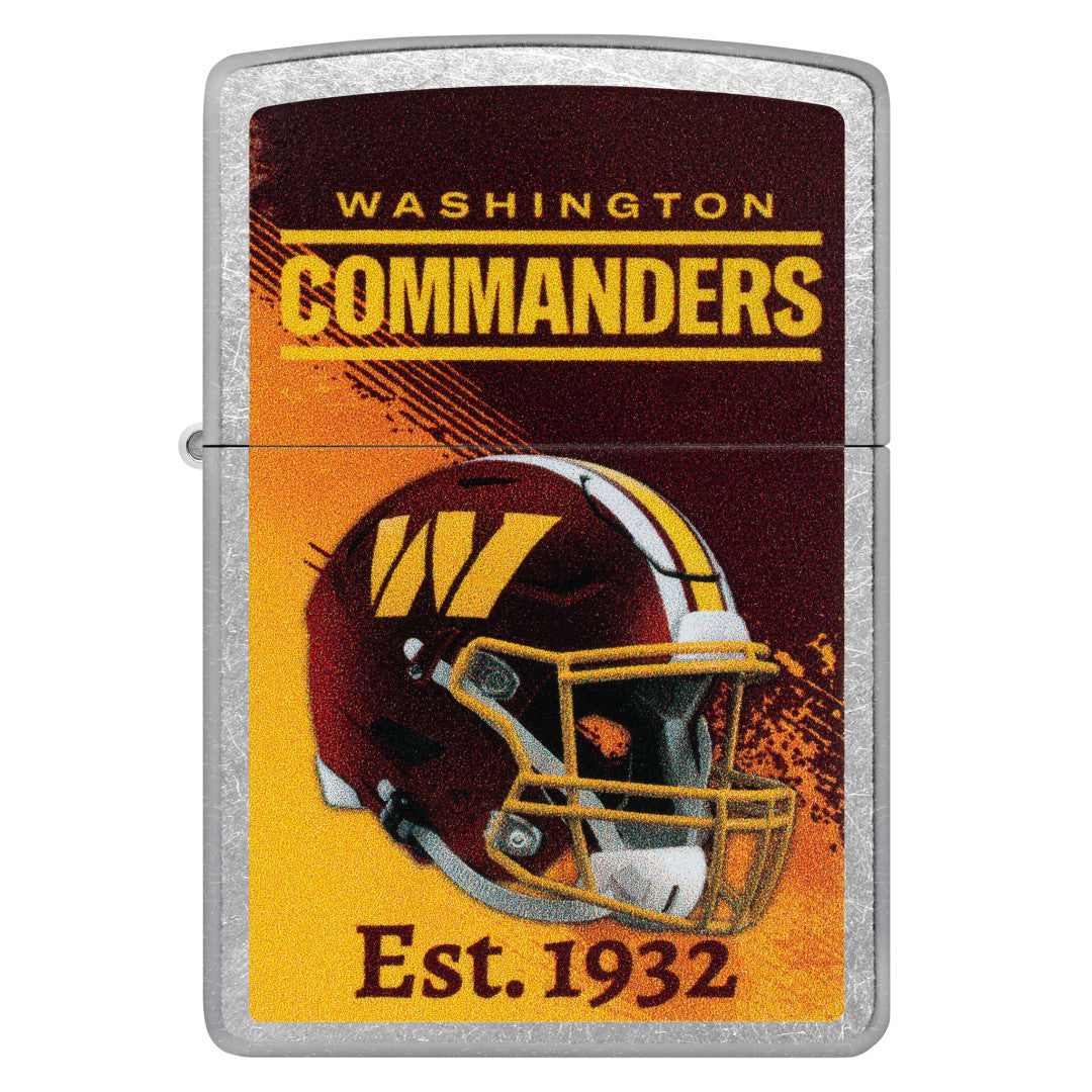 Front view of Zippo NFL Washington Commanders Helmet Design Street Chrome Windproof Lighter.