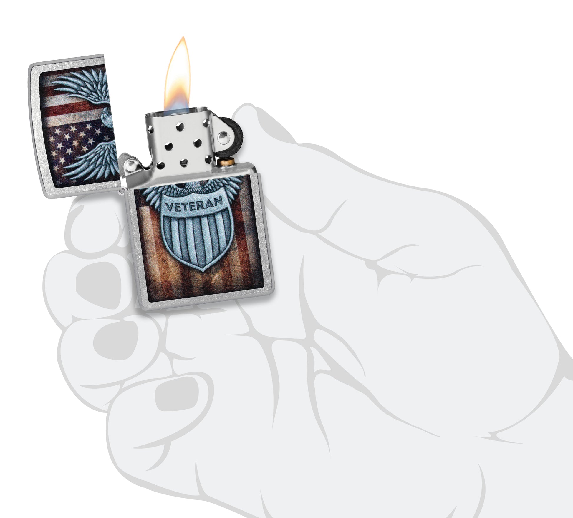 Zippo Veteran Crest Design Street Chrome Windproof Lighter lit in hand.