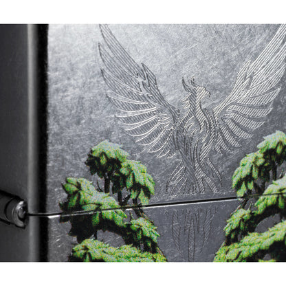 Front view of Zippo Phoenix Tree Design Street Chrome Windproof Lighter close up to show the detail of the lighter.