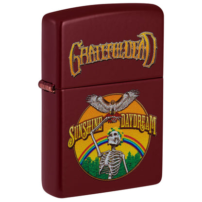 Front shot of Zippo Grateful Dead Sunshine Daydream Design Merlot Windproof Lighter standing at a 3/4 angle.