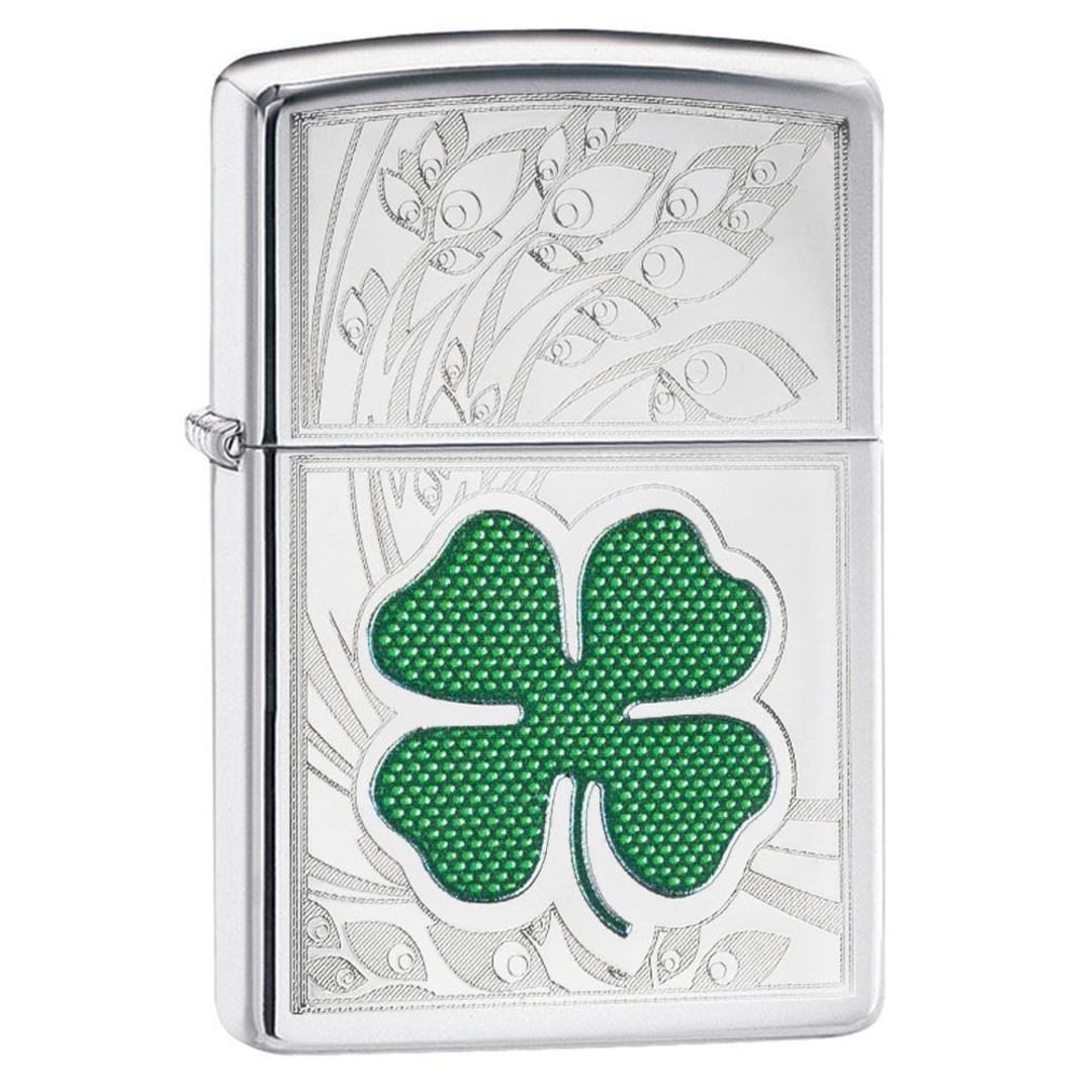 Front view of the Green & Silver Shamrock High Polish Chrome Lighter shot at a 3/4 angle