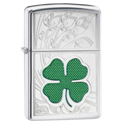 Front view of the Green & Silver Shamrock High Polish Chrome Lighter shot at a 3/4 angle