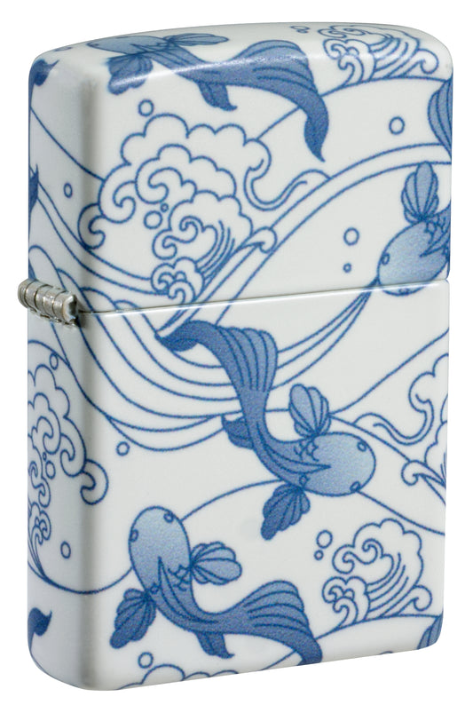 Front shot of Zippo Porcelain Koi Design 540 Matte Windproof Lighter standing at a 3/4 angle.