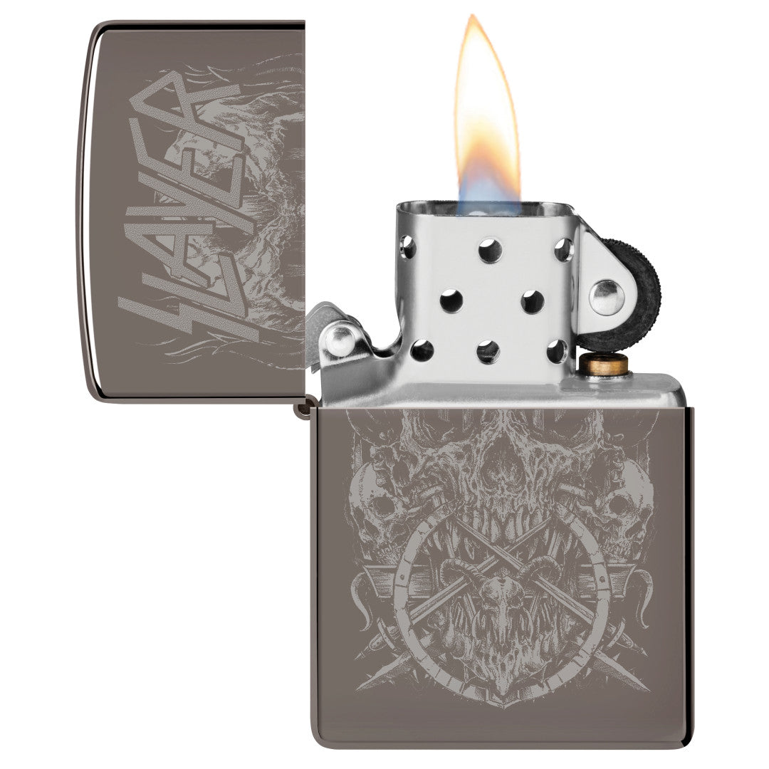 Zippo Slayer Skull Design Black Ice® Windproof Lighter with its lid open and lit.