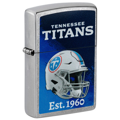 Front shot of Zippo NFL Tennessee Titans Helmet Design Street Chrome Windproof Lighter standing at a 3/4 angle.