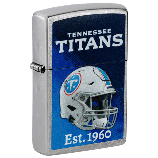 Front shot of Zippo NFL Tennessee Titans Helmet Design Street Chrome Windproof Lighter standing at a 3/4 angle.