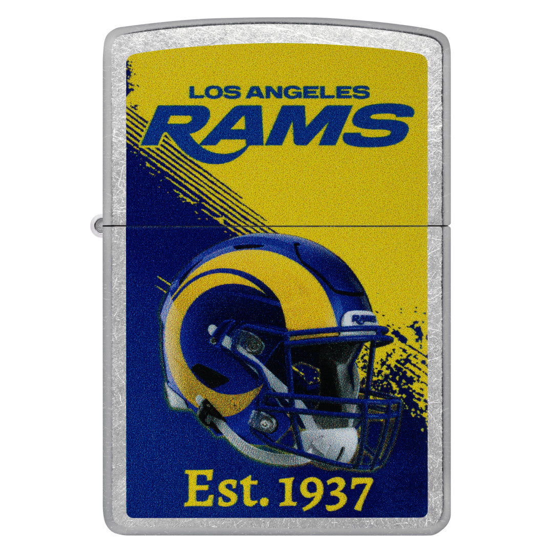 Front view of Zippo NFL Los Angeles Rams Helmet Design Street Chrome Windproof Lighter.