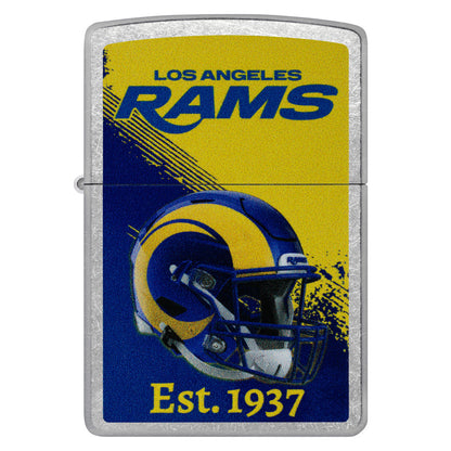 Front view of Zippo NFL Los Angeles Rams Helmet Design Street Chrome Windproof Lighter.