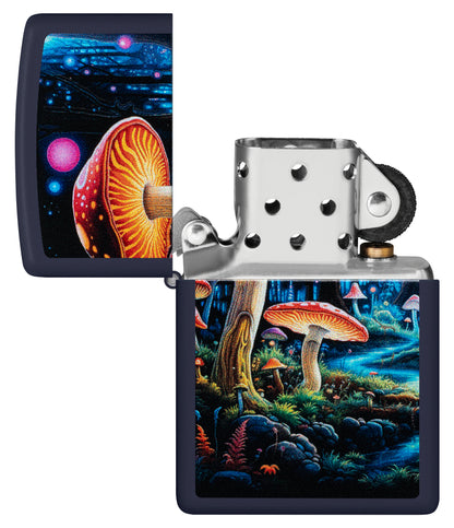 Zippo Black Light Mushroom Design Navy Matte Windproof Lighter with its lid open and unlit.