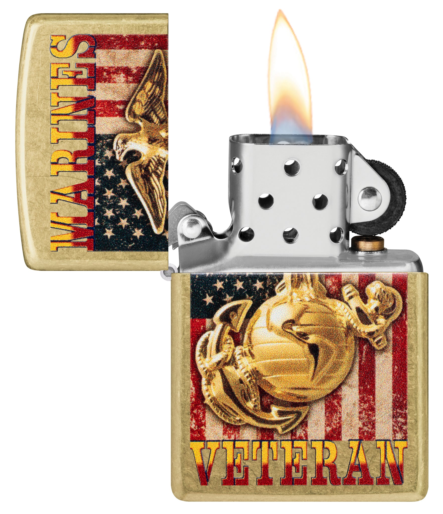 Zippo U.S. Marine Corps Veteran Design Street Brass Windproof Lighter with its lid open and lit.
