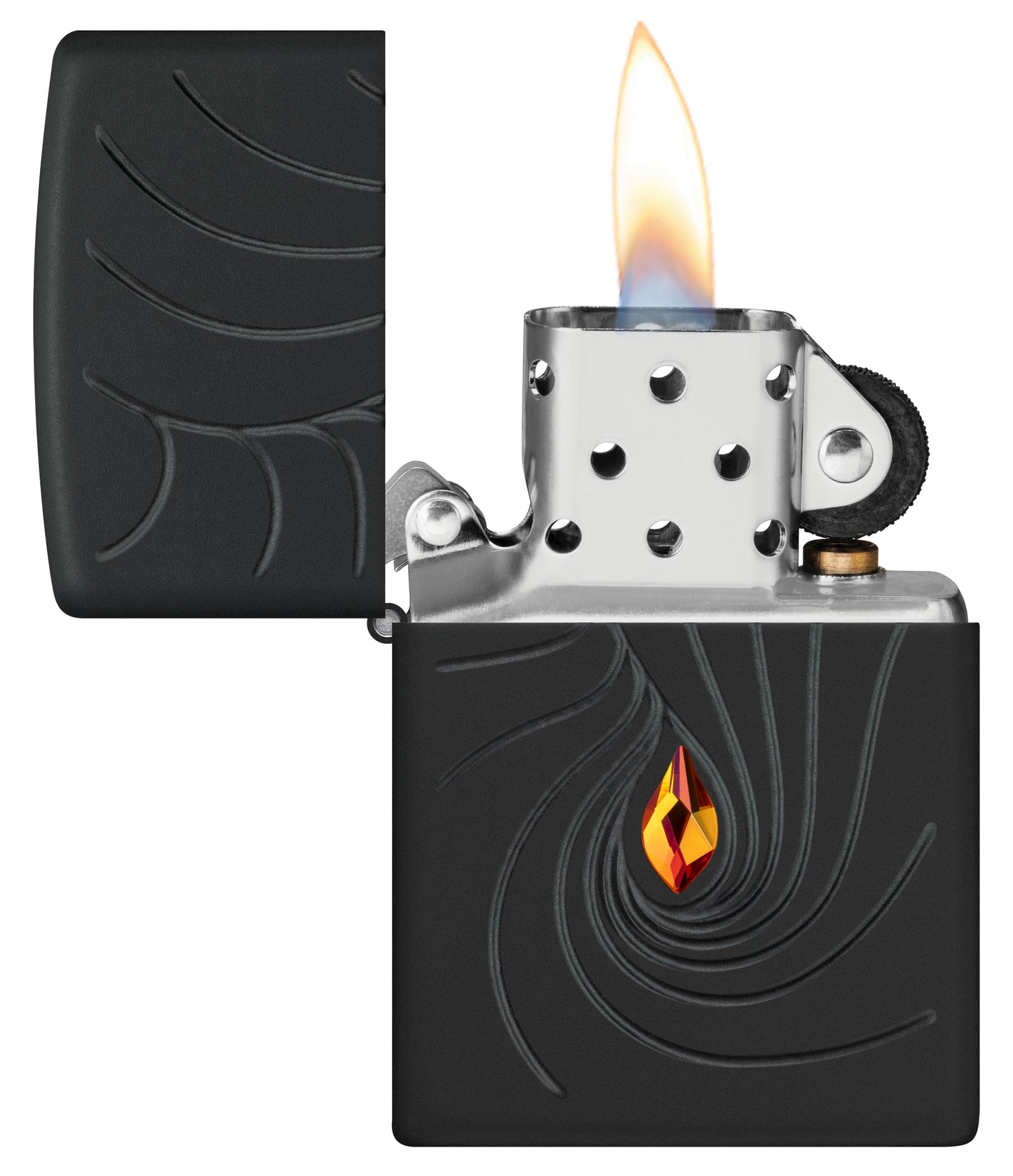 Zippo Crystal Waves Design Armor® Black Matte Windproof Lighter with its lid open and lit.