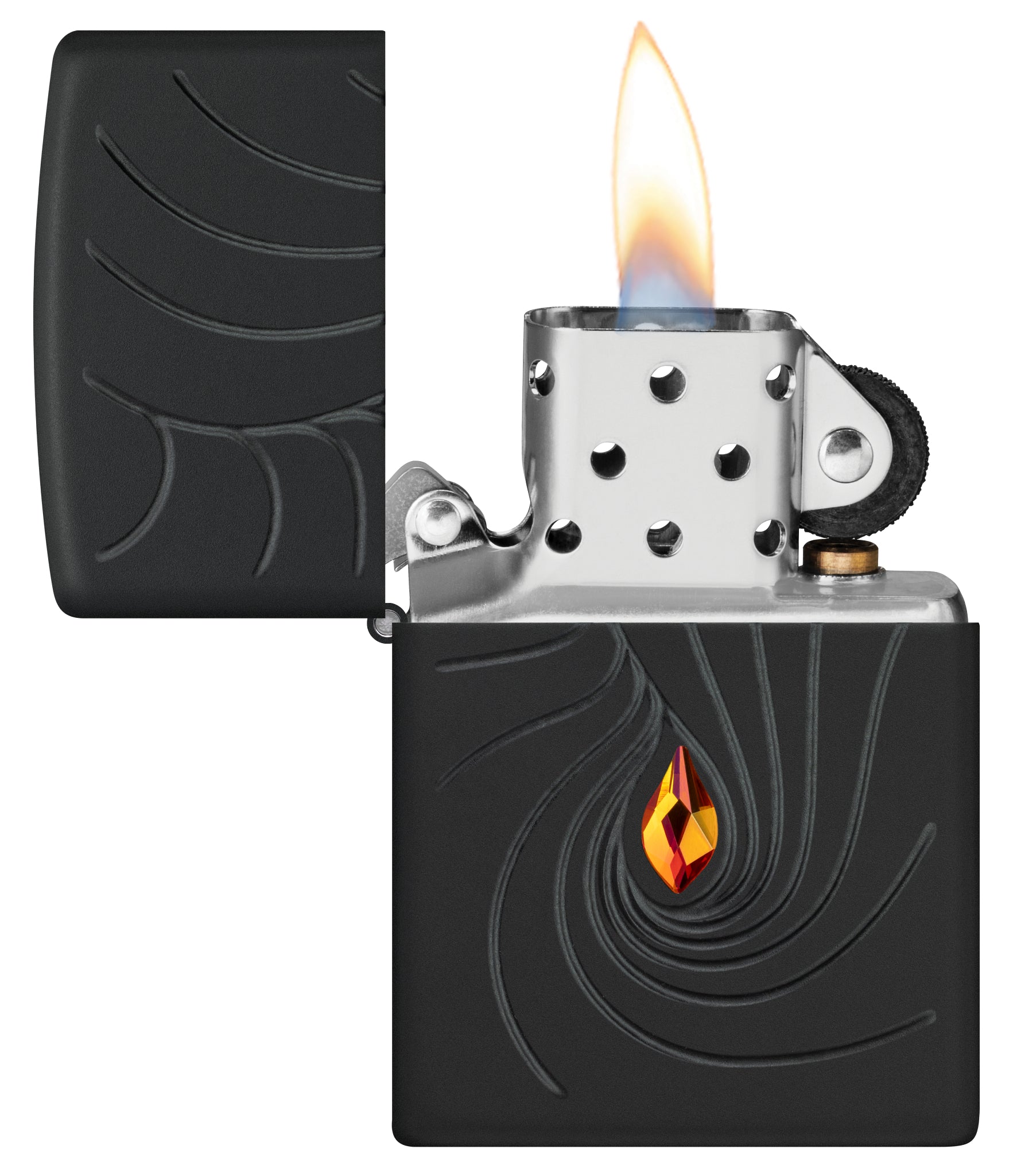 Zippo Crystal Waves Design Armor® Black Matte Windproof Lighter with its lid open and lit.