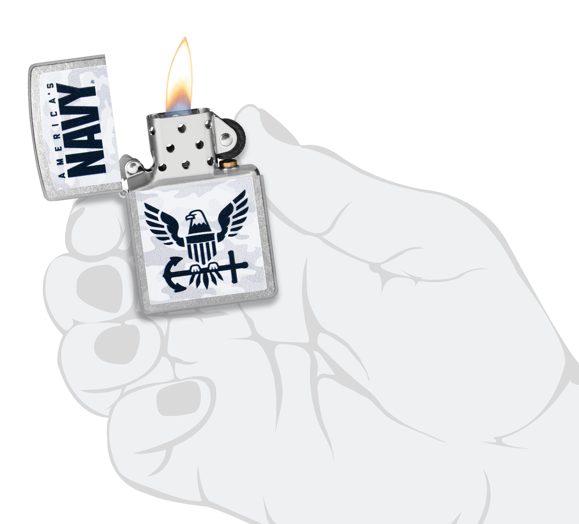 Zippo United States Navy® Camo Logo Design Street Chrome Windproof Lighter lit in hand.