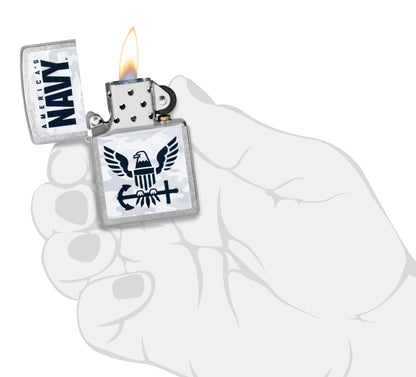 Zippo United States Navy® Camo Logo Design Street Chrome Windproof Lighter lit in hand.