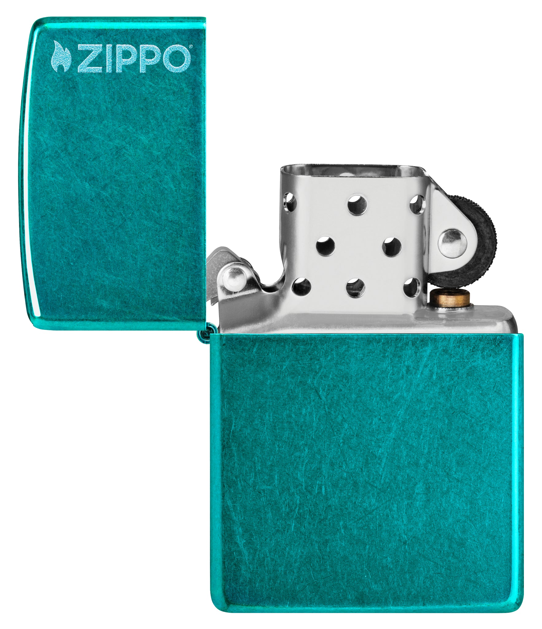 Zippo Classic Candy Teal Zippo Logo Windproof Lighter with its lid open and unlit.