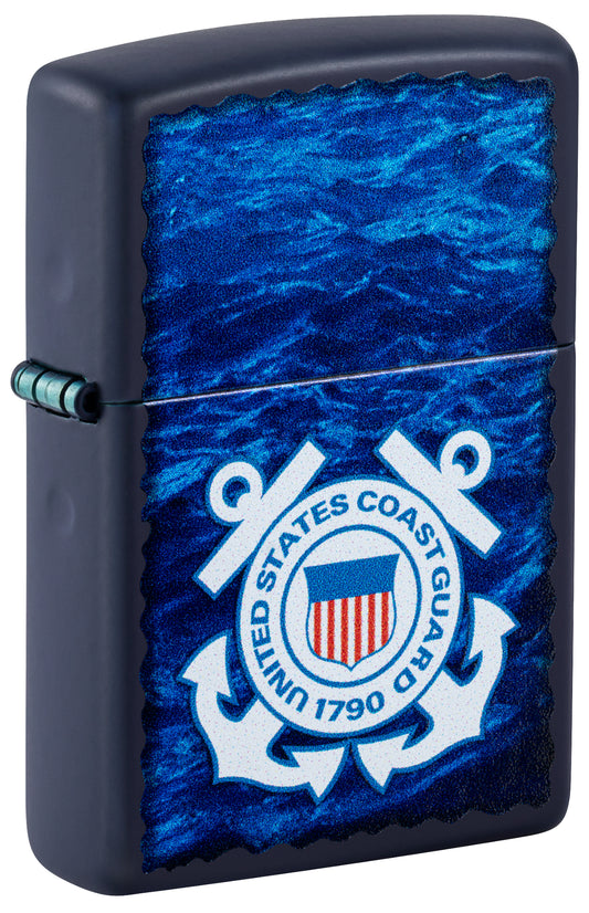 Front shot of Zippo U.S. Coast Guard Waves Design Navy Matte Windproof Lighter standing at a 3/4 angle.