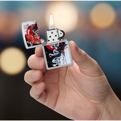 Zippo Tiger Blossom Design Street Chrome Windproof Lighter lit in hand.