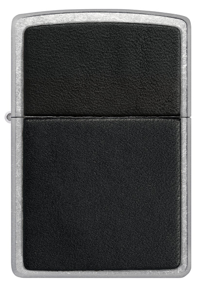 Front view of Zippo Black Leather Emblem Street Chrome Windproof Lighter.