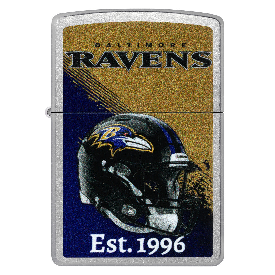 Front view of Zippo NFL Baltimore Ravens Helmet Design Street Chrome Windproof Lighter.