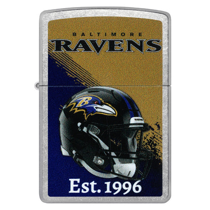 Front view of Zippo NFL Baltimore Ravens Helmet Design Street Chrome Windproof Lighter.