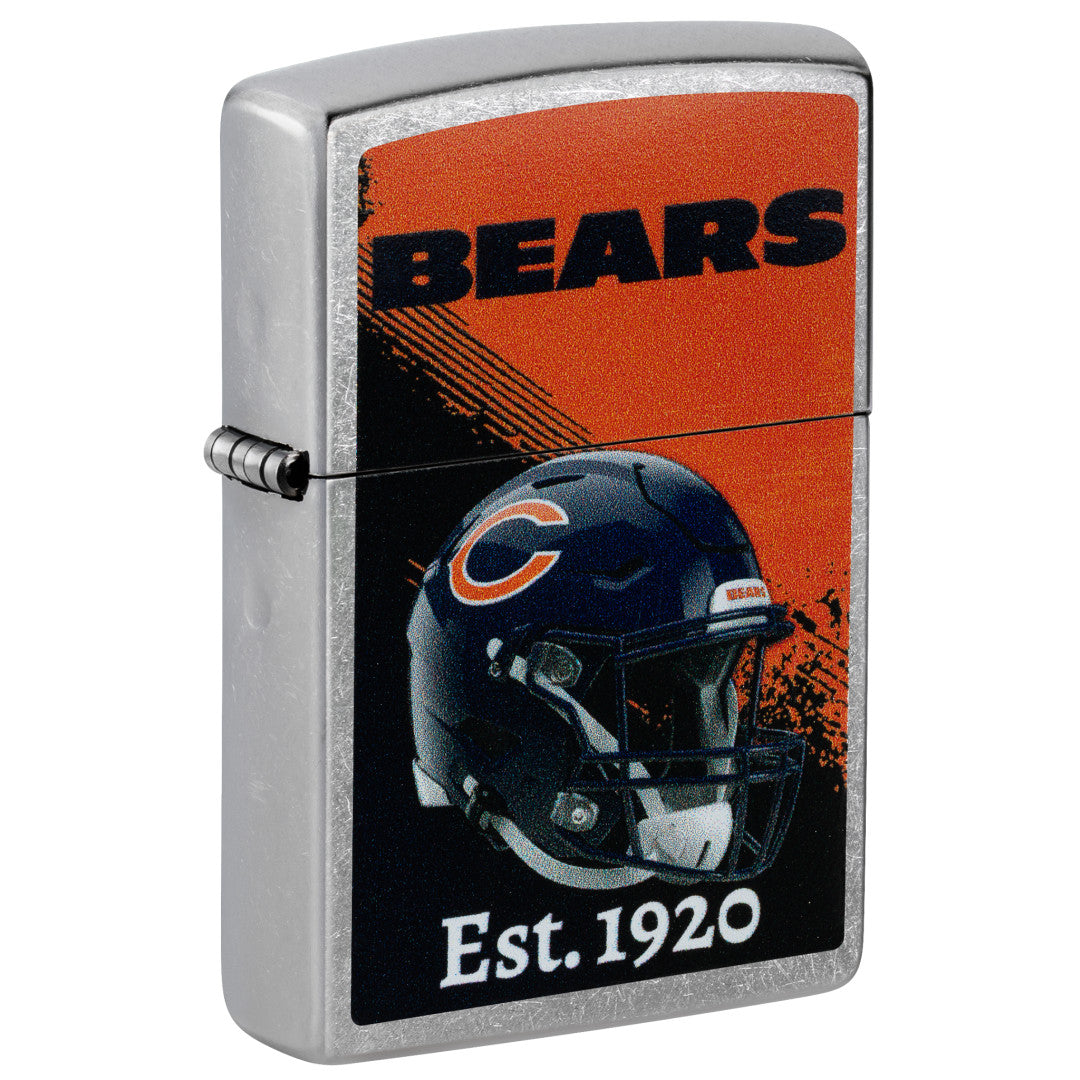 Front shot of Zippo NFL Chicago Bears Helmet Design Street Chrome Windproof Lighter standing at a 3/4 angle.