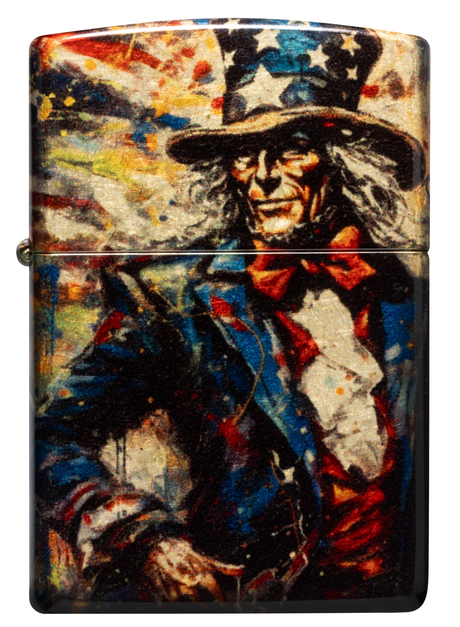 Front view of Zippo Uncle Sam Fusion Design 540 Tumbled Brass Windproof Lighter.