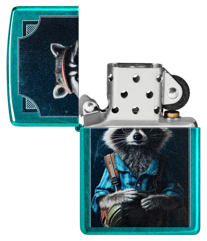 Zippo Refined Raccoon Design Translucent Candy Teal Windproof Lighter with its lid open and unlit.